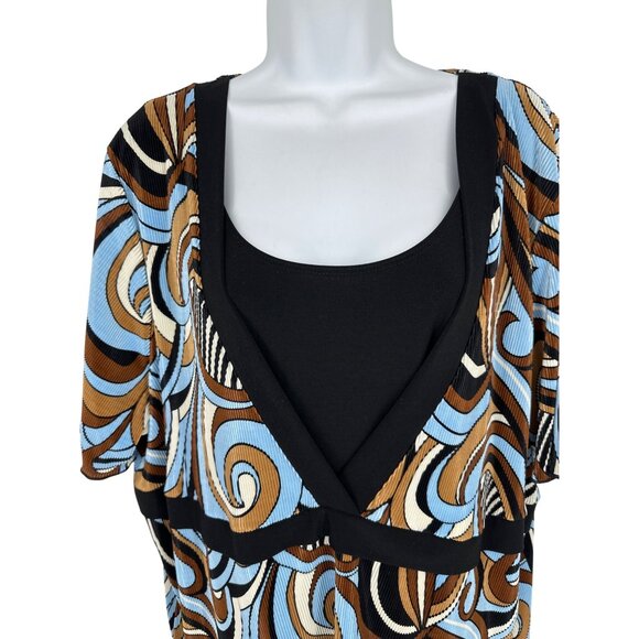 Maggie Barnes Womens Abstract Print Pleated Blouse With Black Layered Look Sz 2X - Picture 2 of 8